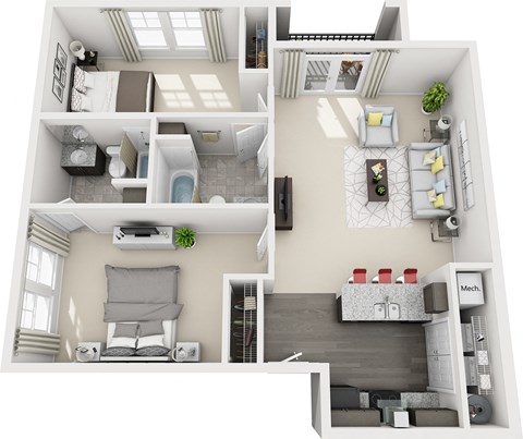 Floor plan for 2 beds, 2 baths, 1032 sqft